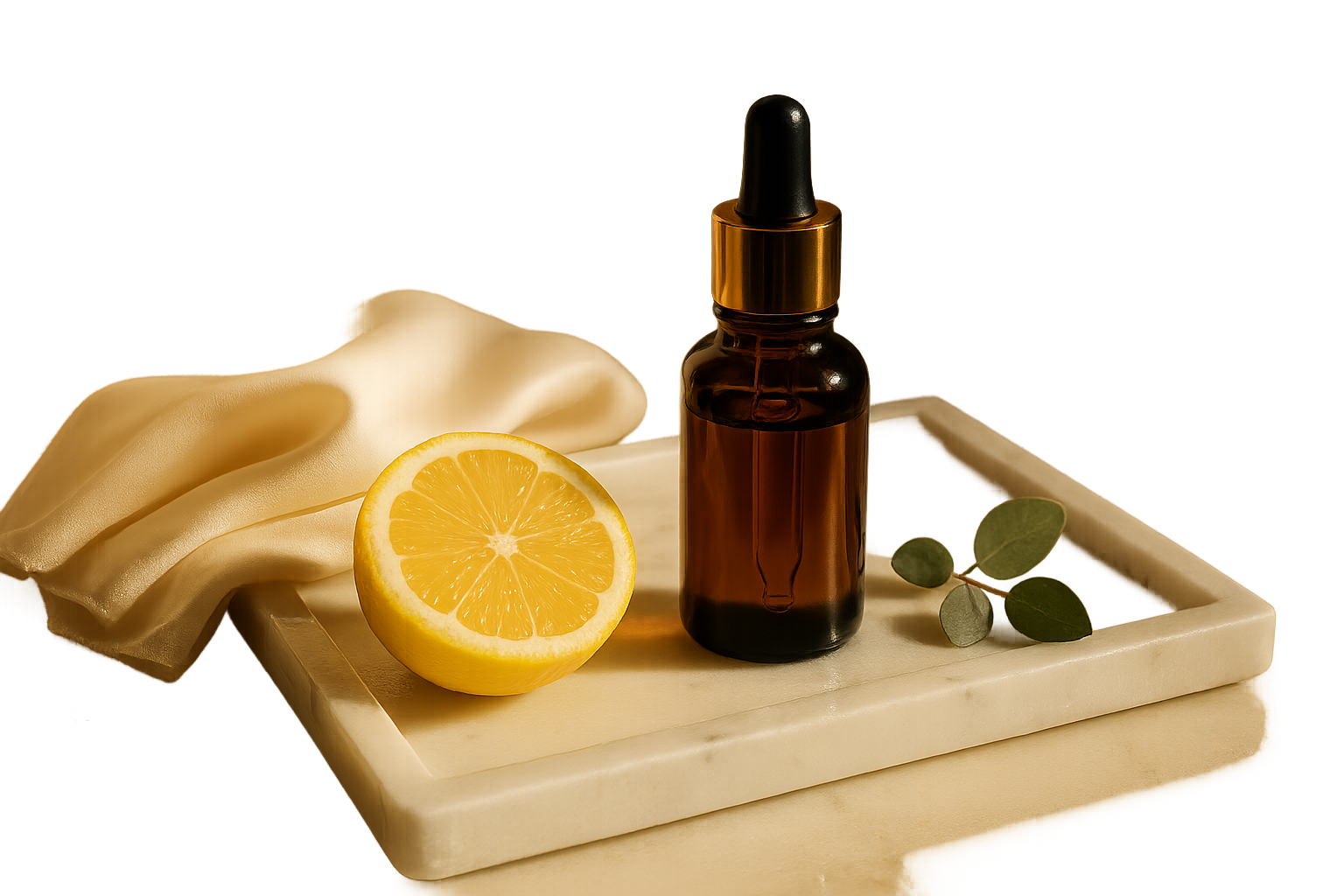 Luxurious amber glass vitamin C serum bottle on marble with soft morning light and citrus notes, evoking brightening skincare ritual