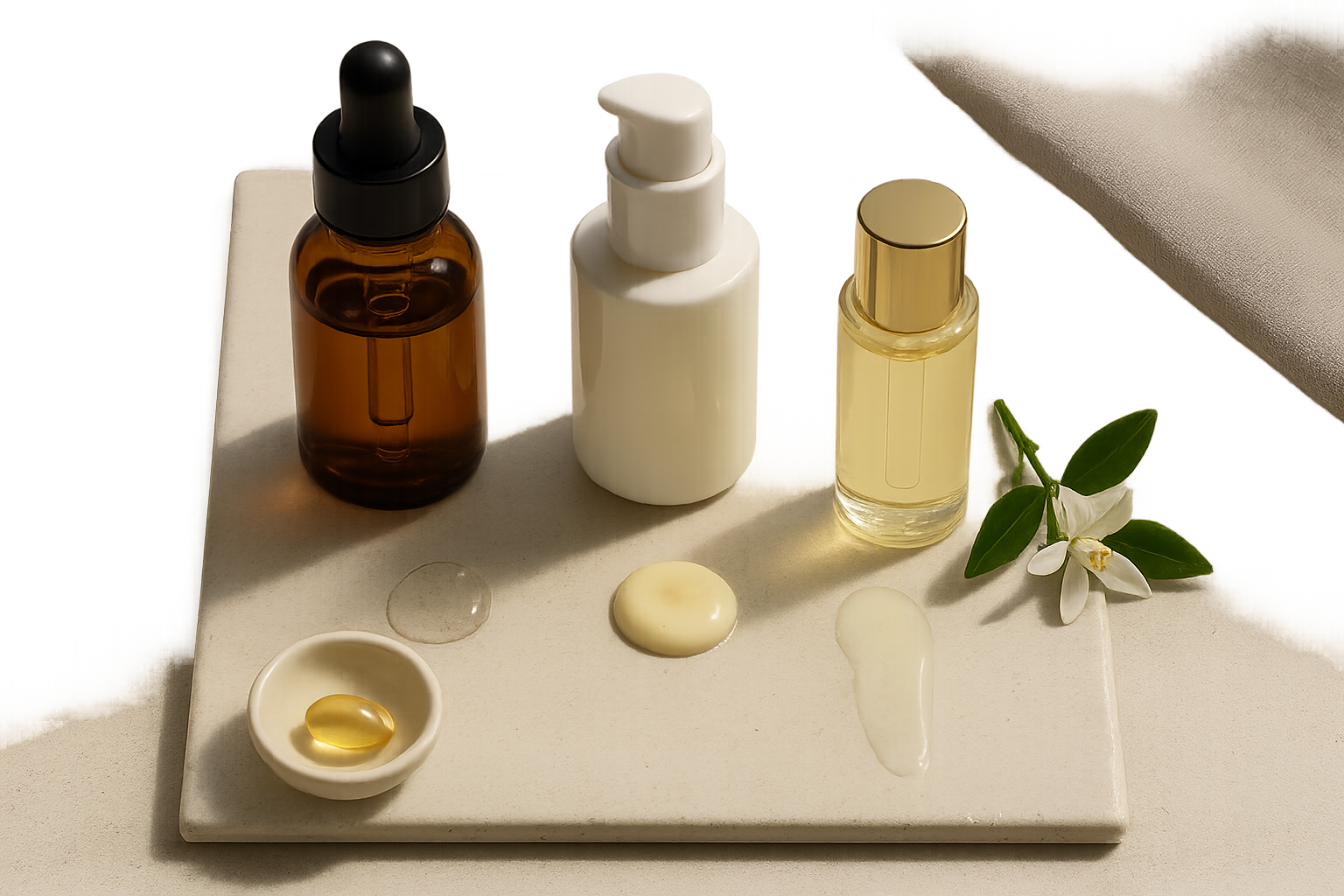 Elegant flatlay of three luxury vitamin C serums and swatches of texture on a ceramic tile under soft studio light