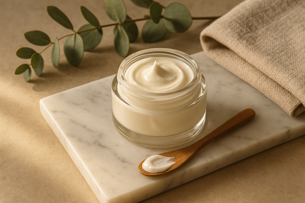 Still life of an open premium face cream jar with creamy texture on a marble tray, soft morning light, elegant packaging and small wooden spatula