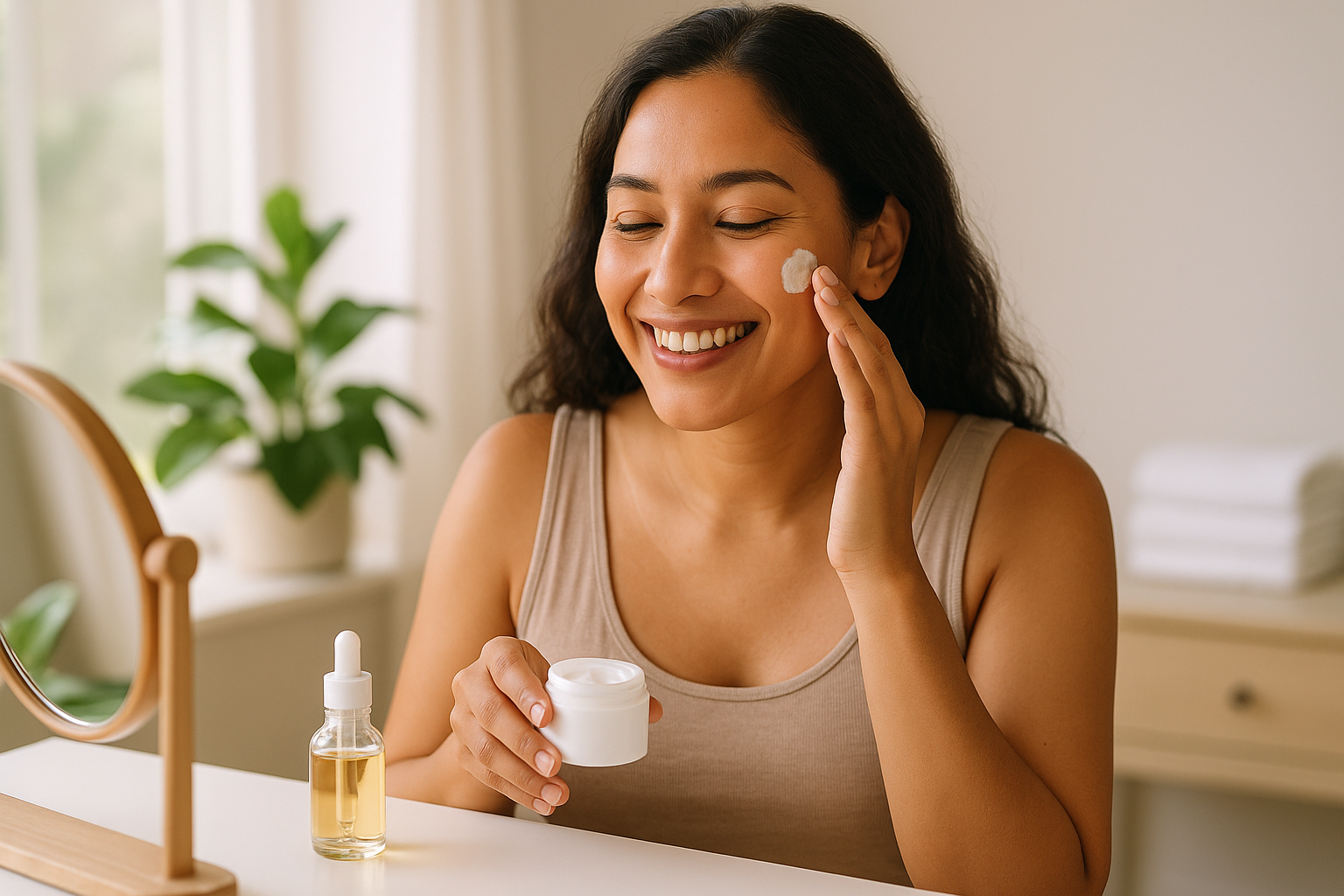 One woman in her late 30s happily applying a lightweight cream to her cheek at a sunlit vanity