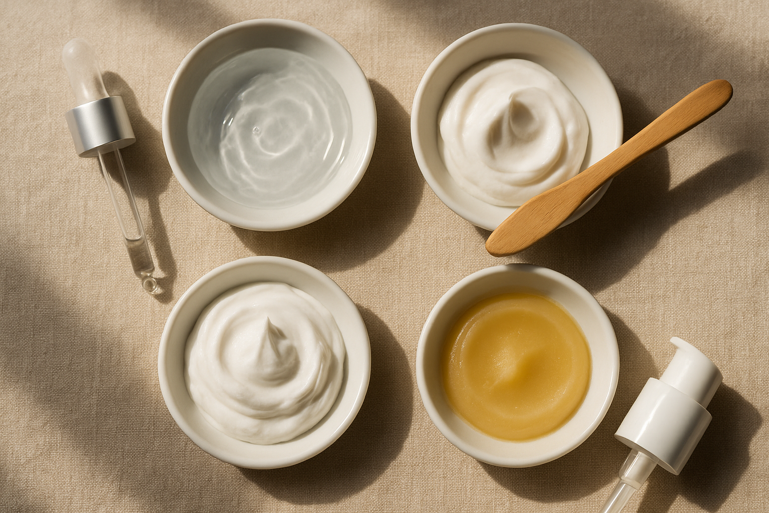 Close-up of four different cream textures—gel, light cream, rich cream, and balm—on porcelain dishes with applicator tools