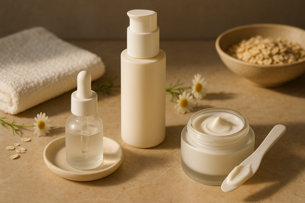 Luxurious still-life of premium sensitive-skin skincare on marble: cream, serum and soft towel, evoking soothing ritual