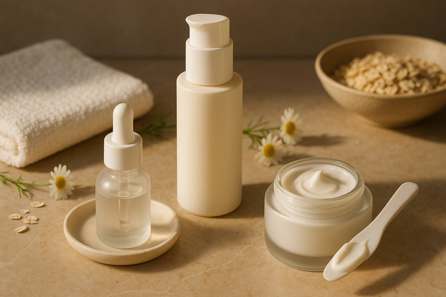 Luxurious still-life of premium sensitive-skin skincare on marble: cream, serum and soft towel, evoking soothing ritual