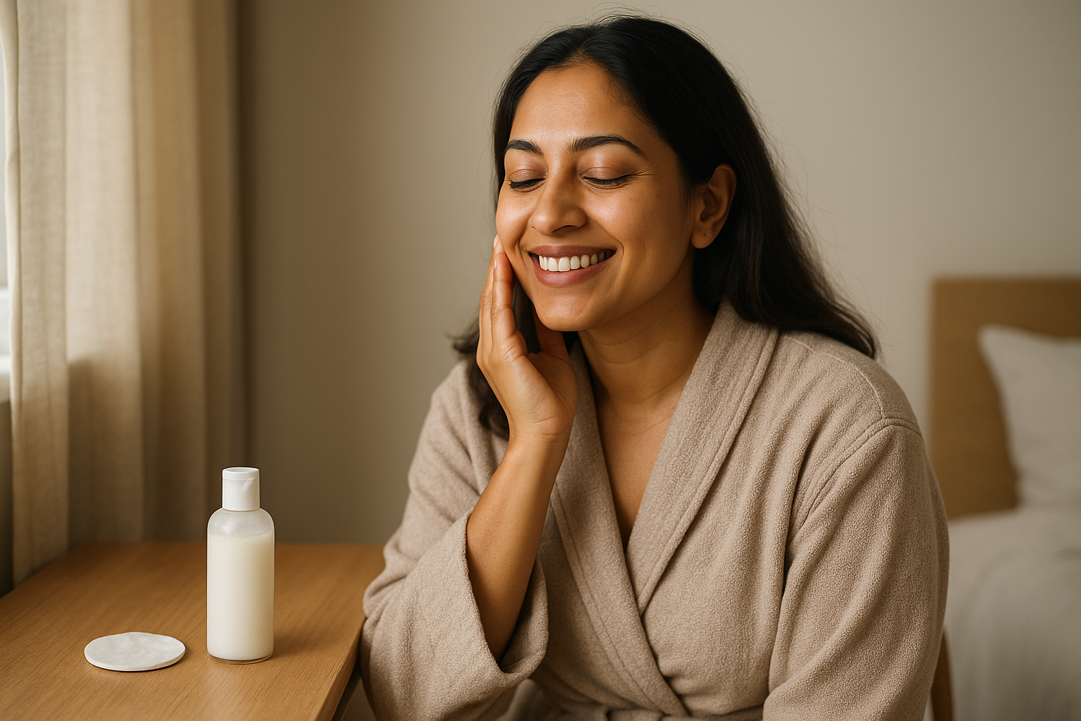 Woman gently assessing her cheek in soft indoor light to illustrate sensitive-skin triggers and sensations