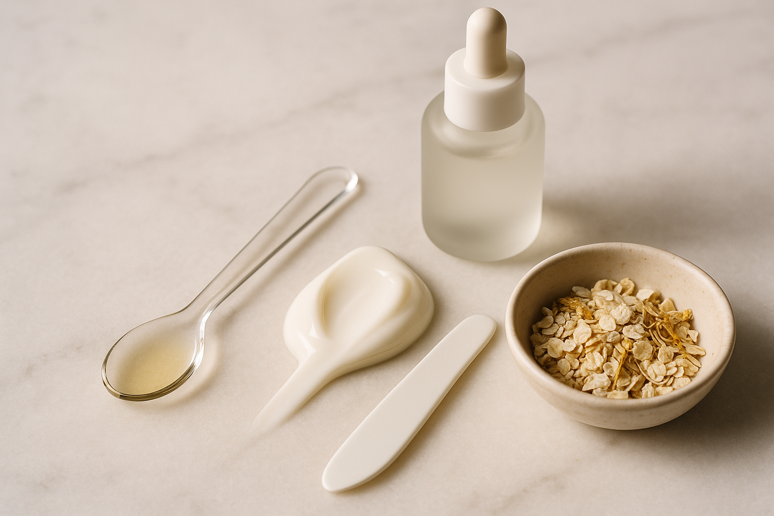 Close-up of soothing ingredient textures: squalane oil, ceramide-rich cream dollop and colloidal oatmeal on marble
