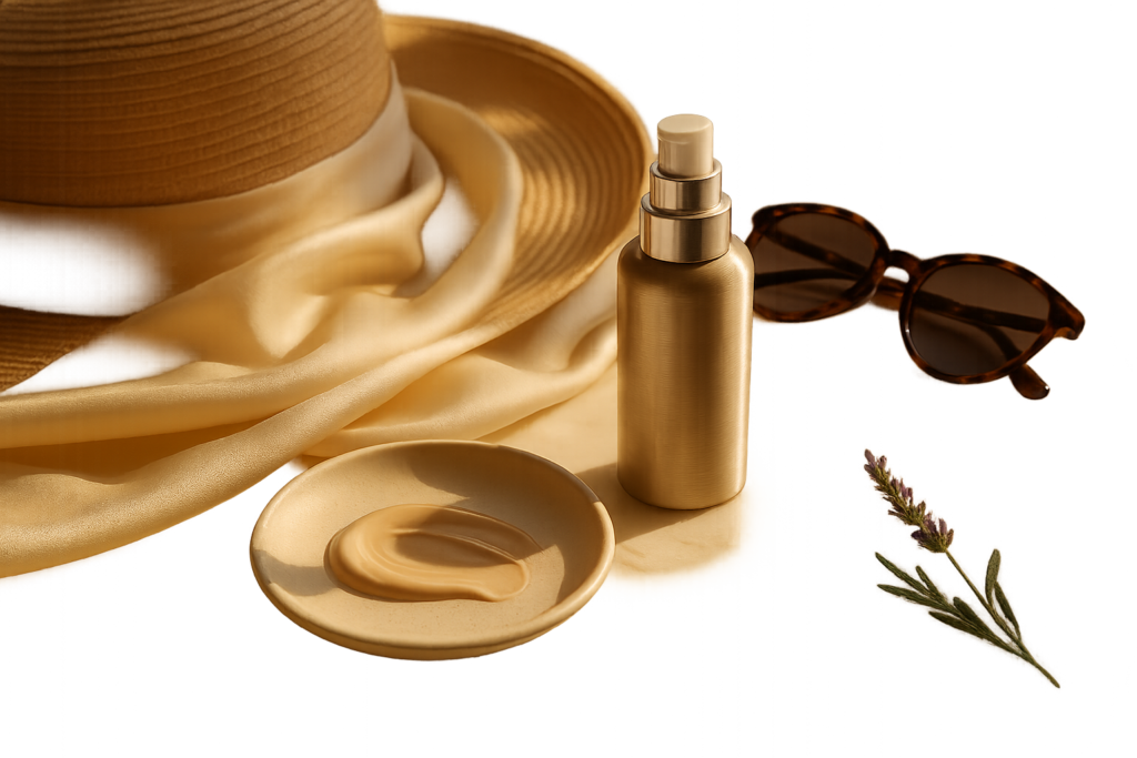 Luxurious still life of premium sunscreen and beauty accessories on sunlit marble, evoking protection and elegance