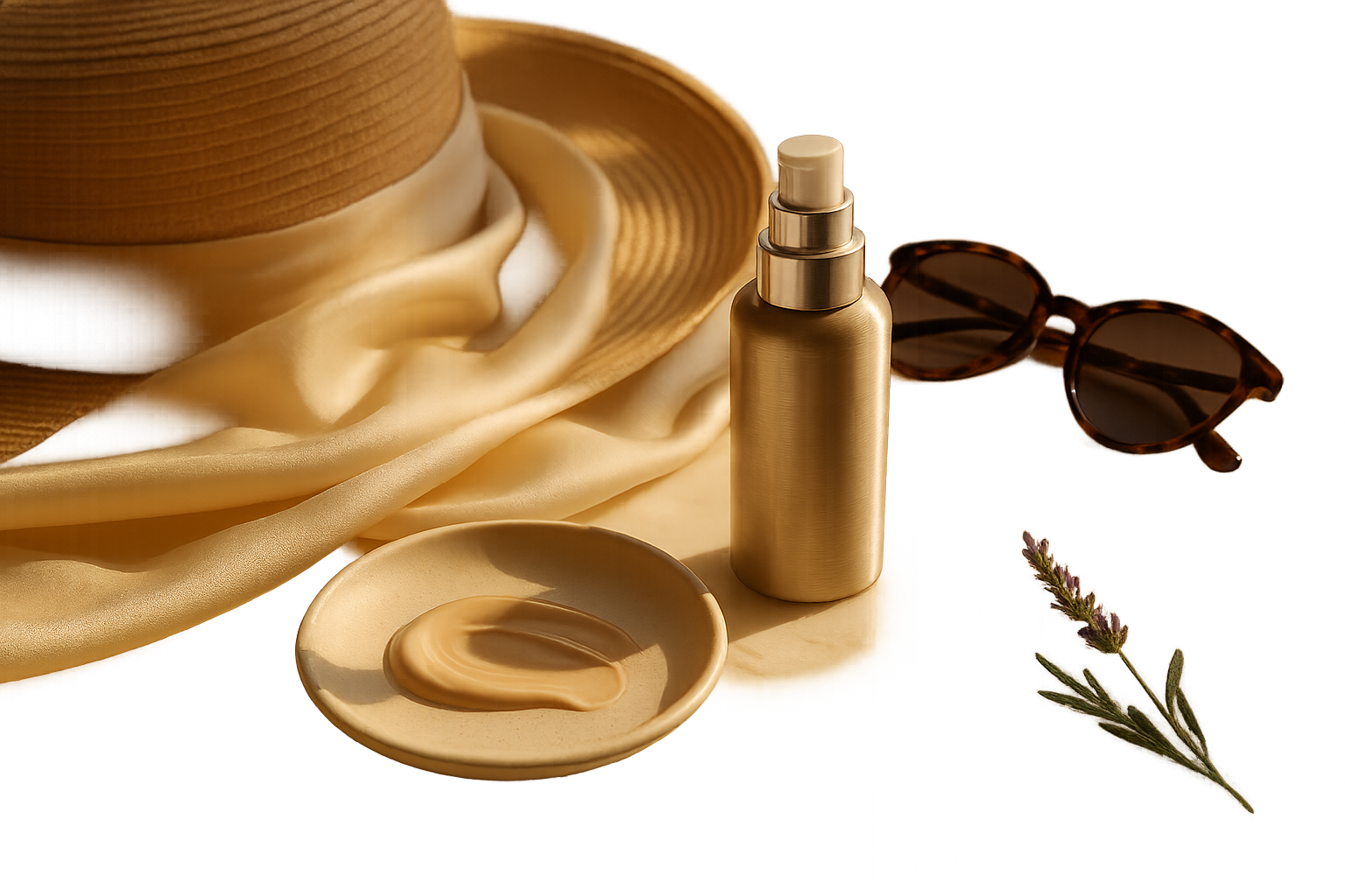 Luxurious still life of premium sunscreen and beauty accessories on sunlit marble, evoking protection and elegance