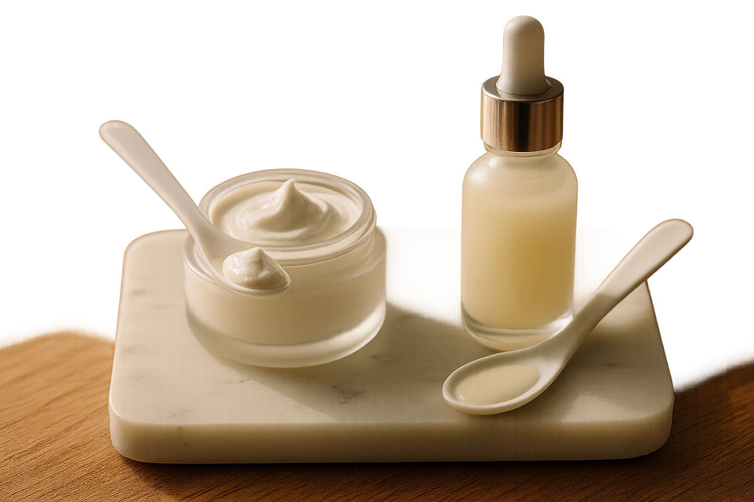 Close-up comparison of two premium sunscreen textures—thick mineral cream and fluid lotion—on a marble tray
