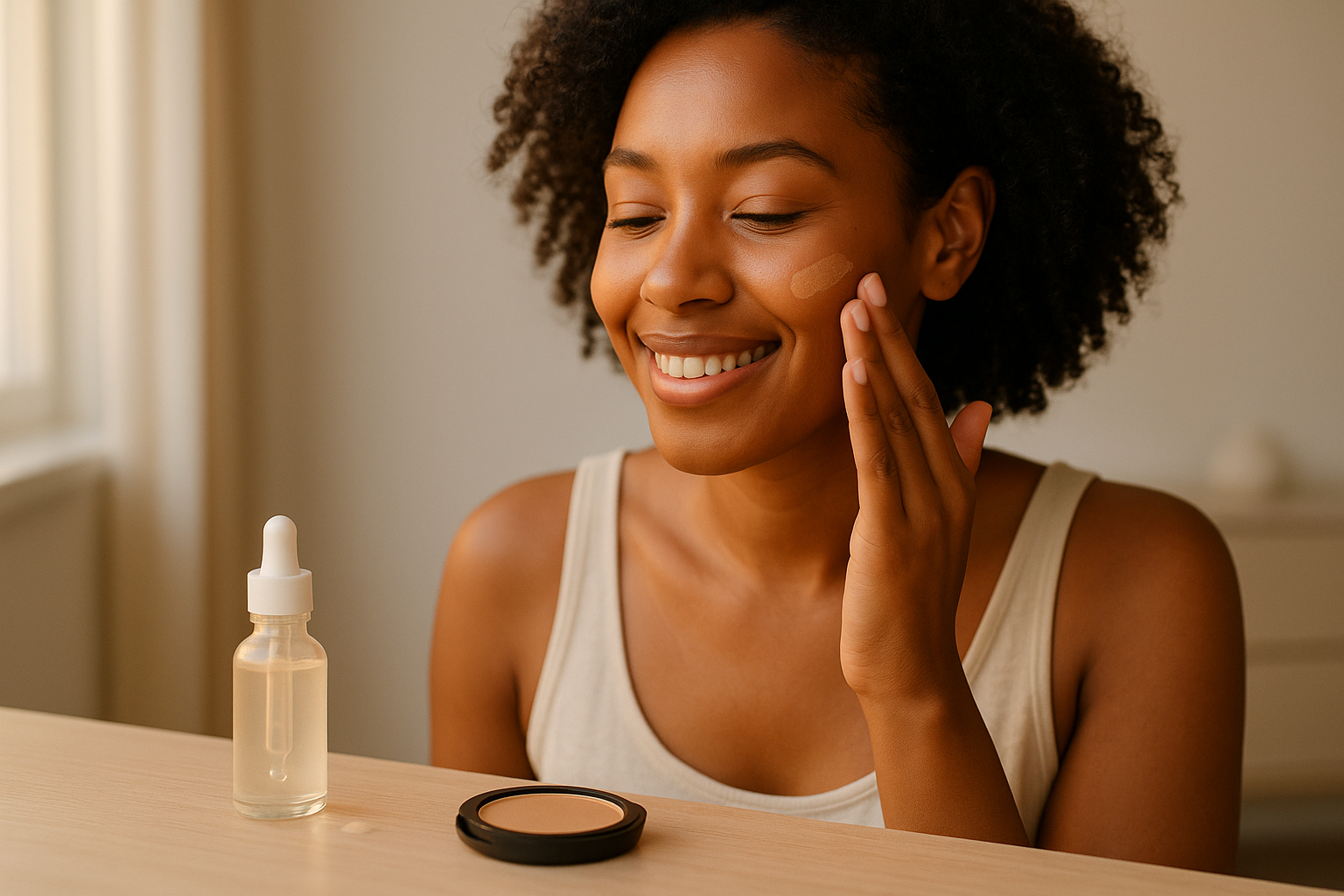 Woman at a sunlit vanity applying sunscreen as the final skincare step before makeup