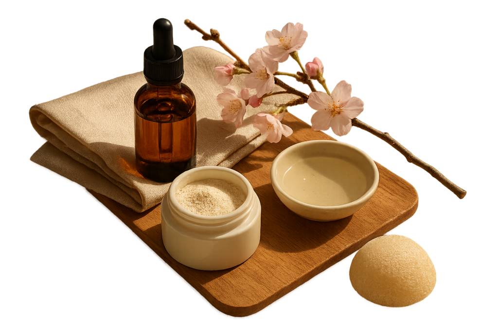 Still life of premium J‑Beauty textures: rice bran jar, unlabelled amber dropper bottle, porcelain bowl and sakura sprig on a marble vanity in soft morning light