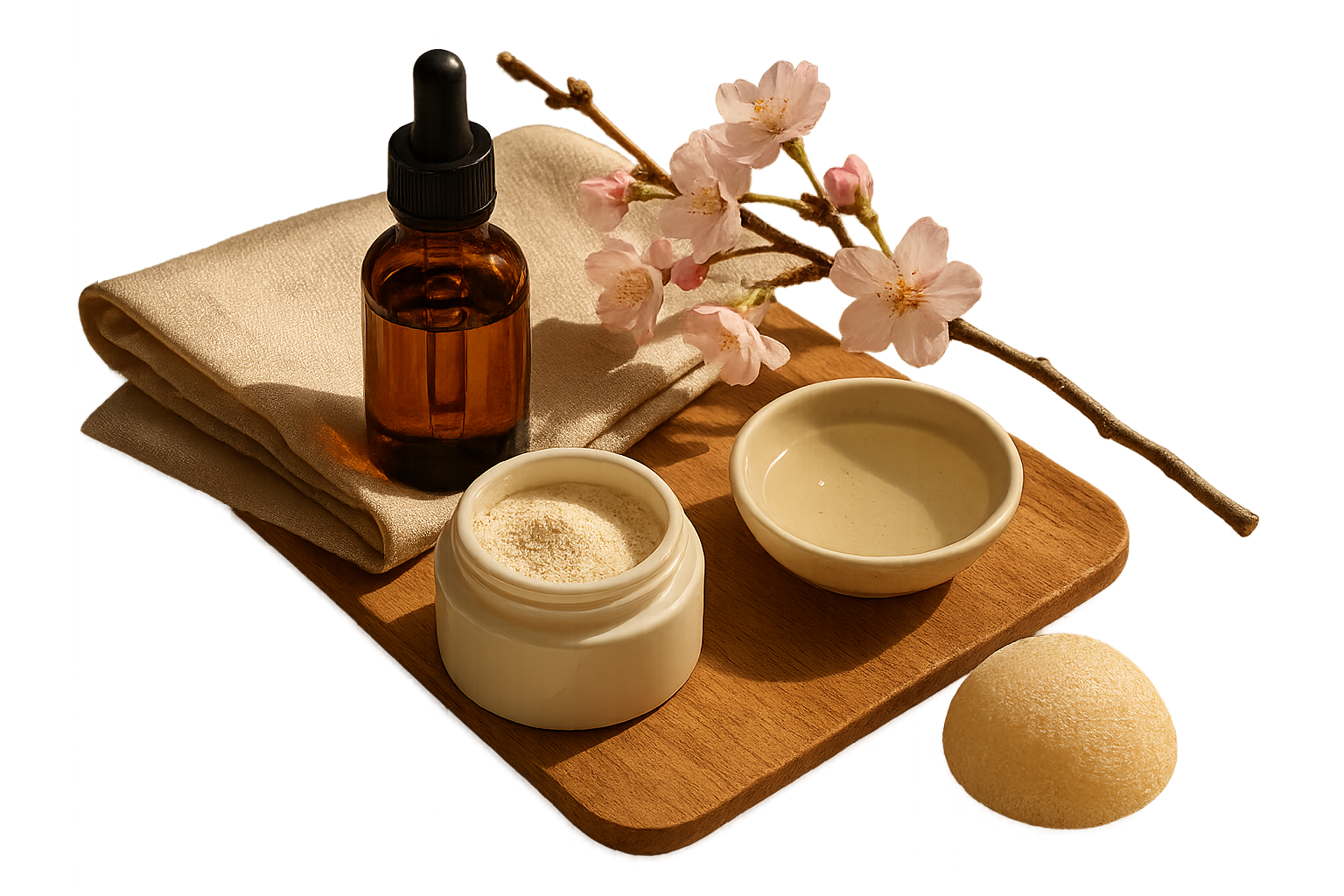 Still life of premium J‑Beauty textures: rice bran jar, unlabelled amber dropper bottle, porcelain bowl and sakura sprig on a marble vanity in soft morning light