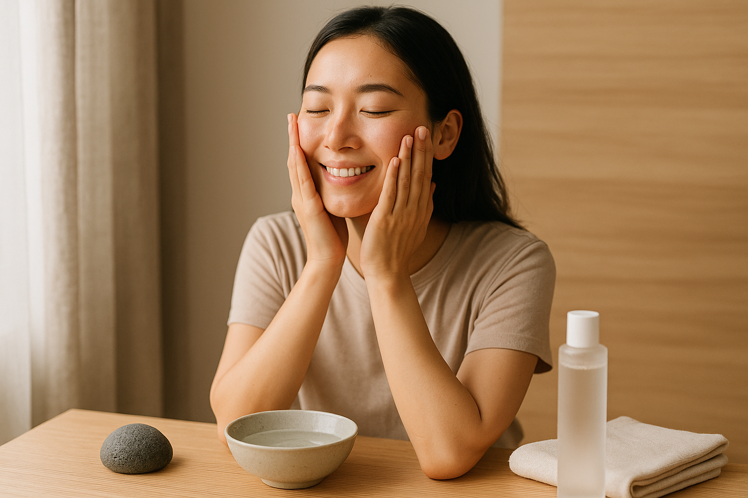 One woman performing a gentle essence‑press ritual at a wooden vanity with soft light, embodying J‑Beauty principles