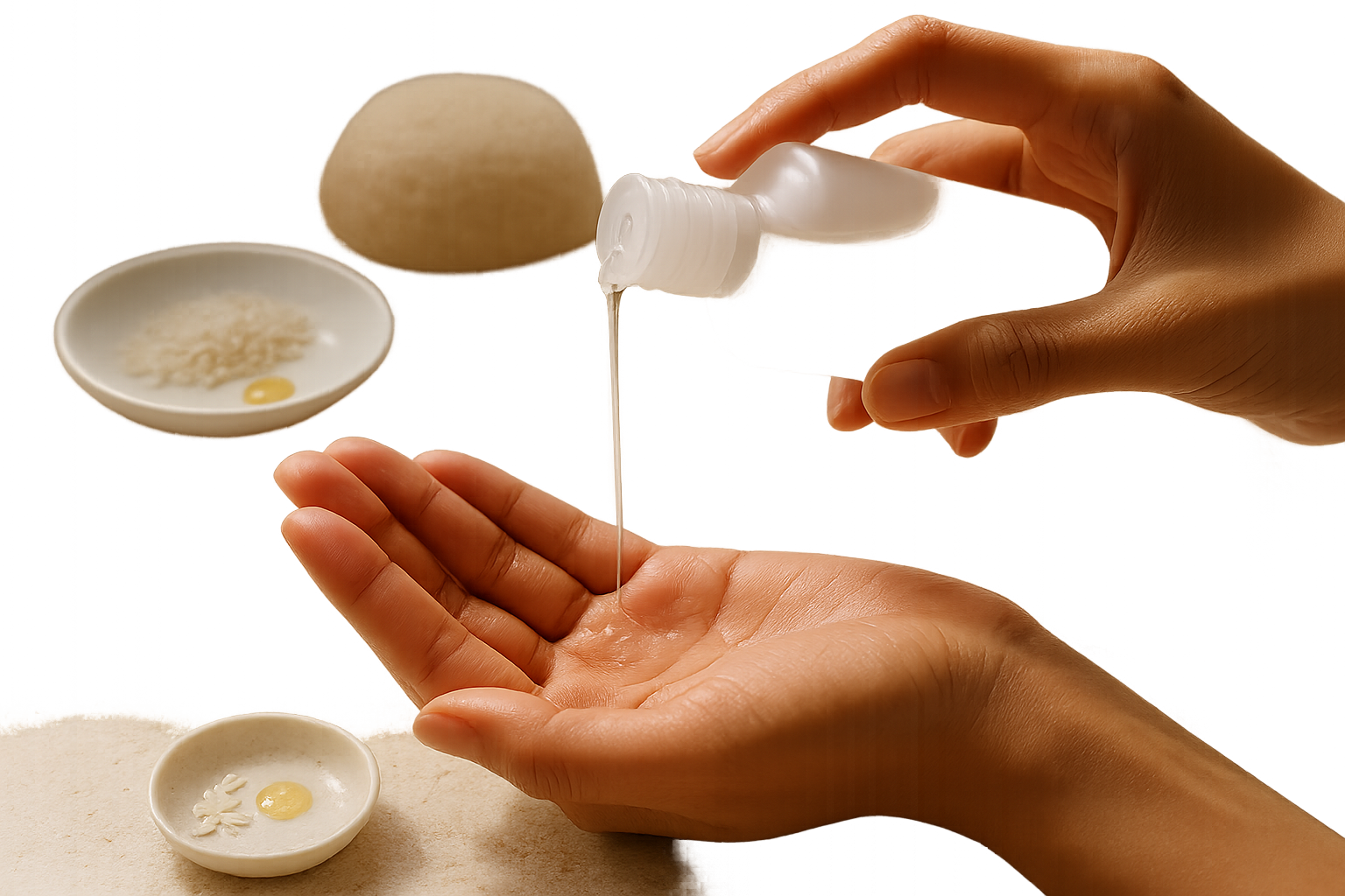 Close‑up detail of hands layering essence and cream over a porcelain bowl, rice grains and camellia oil droplet visible