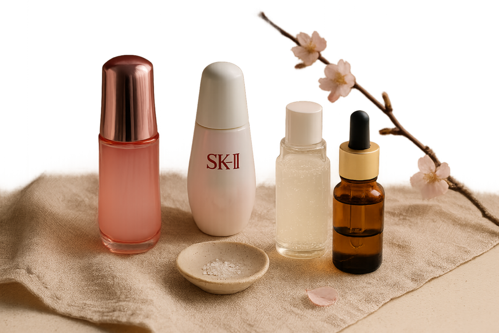 Still life of four elegant serum bottles and soft textures representing Japanese serums and the article's comparison theme