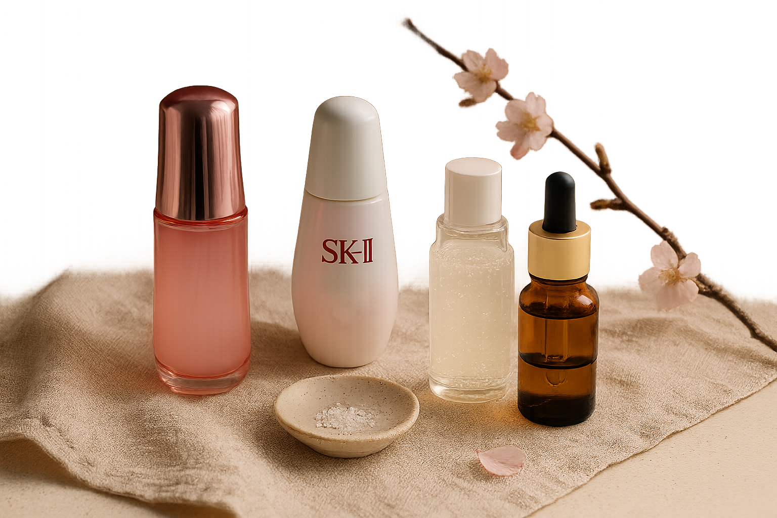 Still life of four elegant serum bottles and soft textures representing Japanese serums and the article's comparison theme
