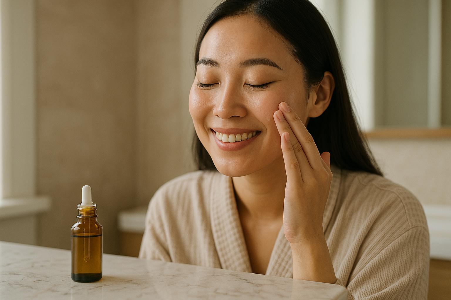 A woman in her mid‑30s applying a lightweight serum to her cheek, demonstrating daily use