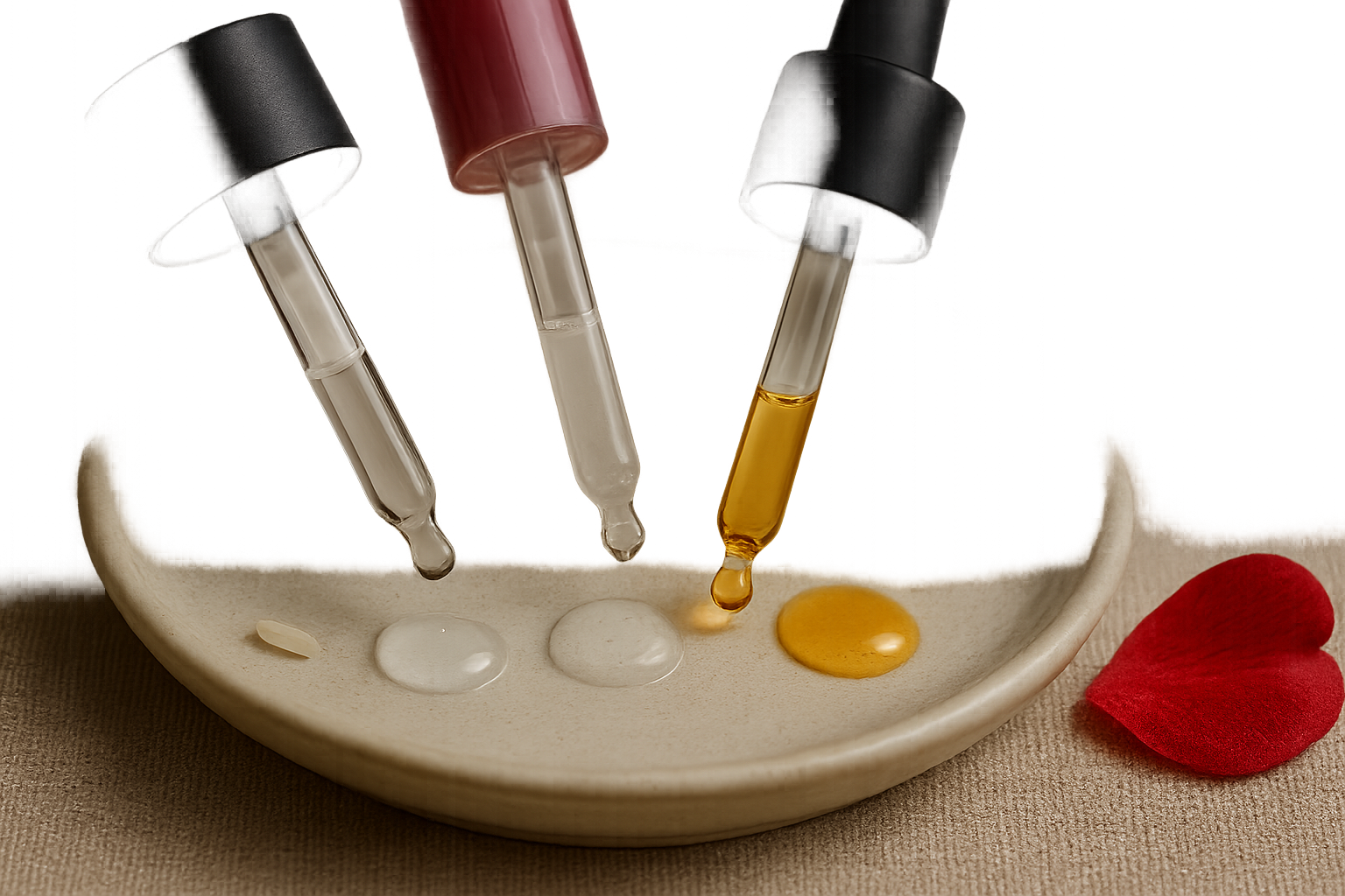 Close-up detail of serum textures from different bottles—droppers dispensing varied consistencies