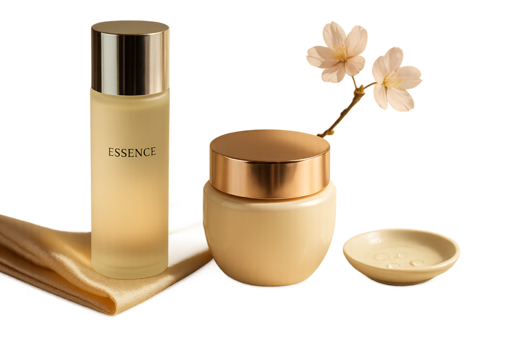 Luxurious still life of Japanese anti‑aging skincare on a marble vanity evoking a morning ritual