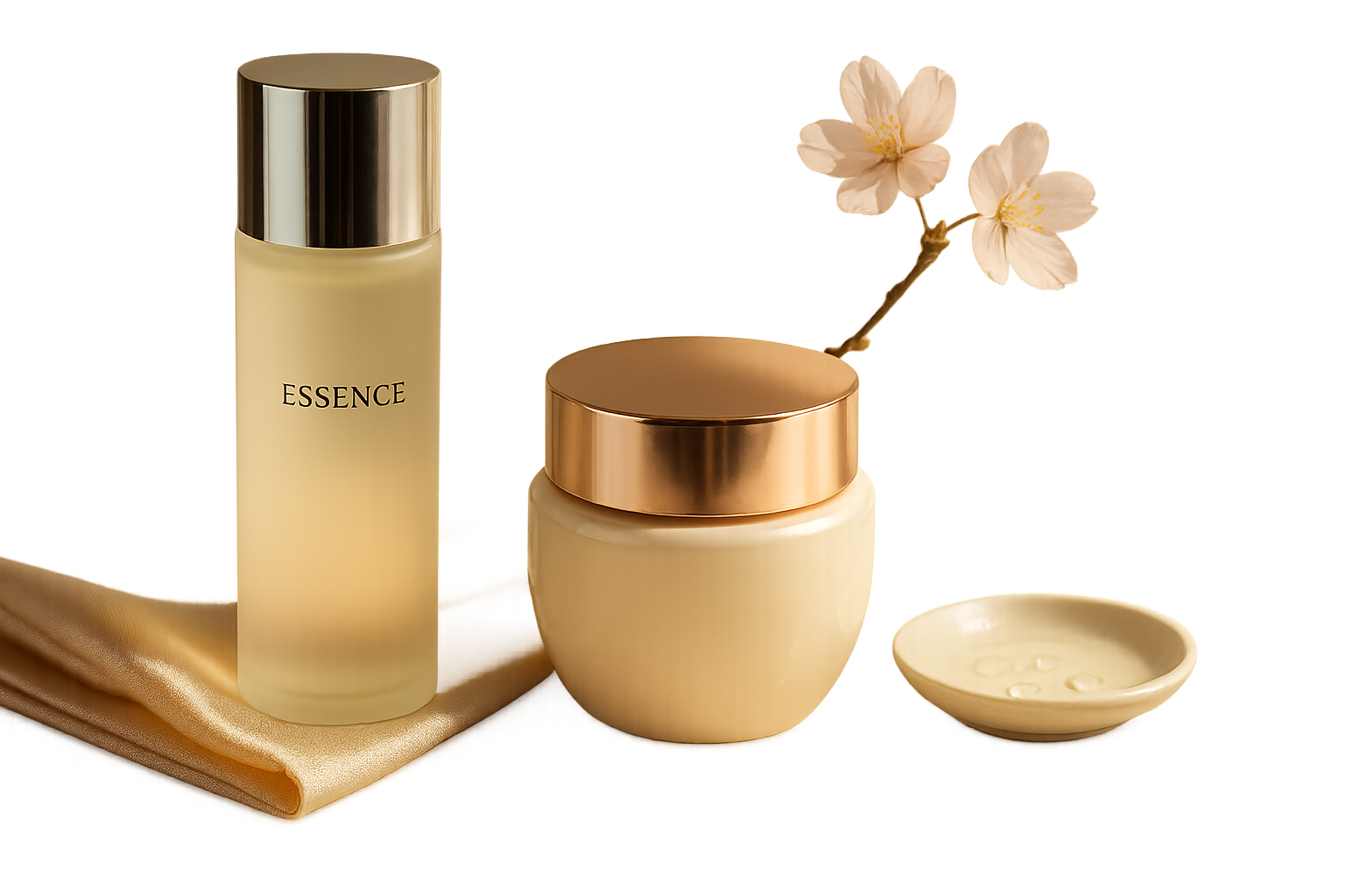 Luxurious still life of Japanese anti‑aging skincare on a marble vanity evoking a morning ritual