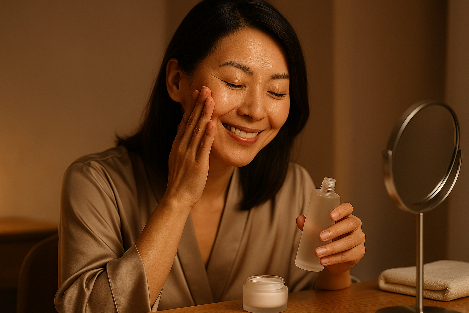 Portrait of a woman applying essence at a vanity in a relaxed evening ritual