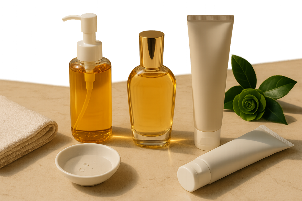 Elegant arrangement of Japanese cleansers including an amber pump bottle, a luxe glass oil bottle, and two foam tubes on marble with soft natural light