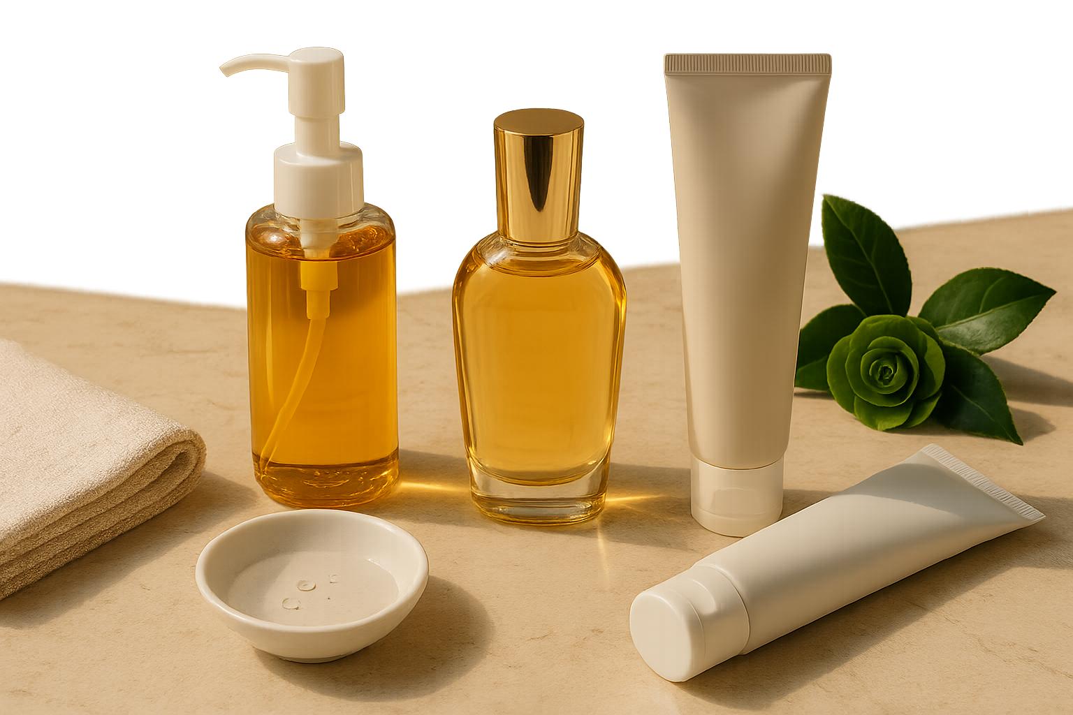 Elegant arrangement of Japanese cleansers including an amber pump bottle, a luxe glass oil bottle, and two foam tubes on marble with soft natural light