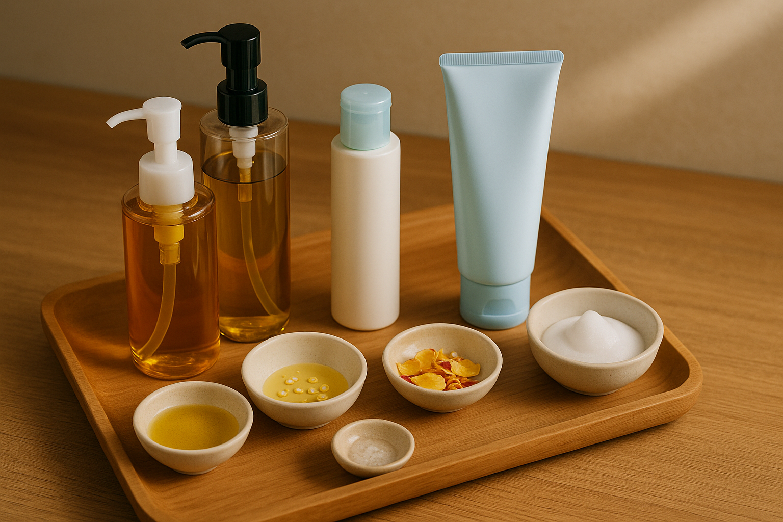 Five shortlisted Japanese cleansers laid out with small ingredient bowls and descriptive cards on a wooden tray