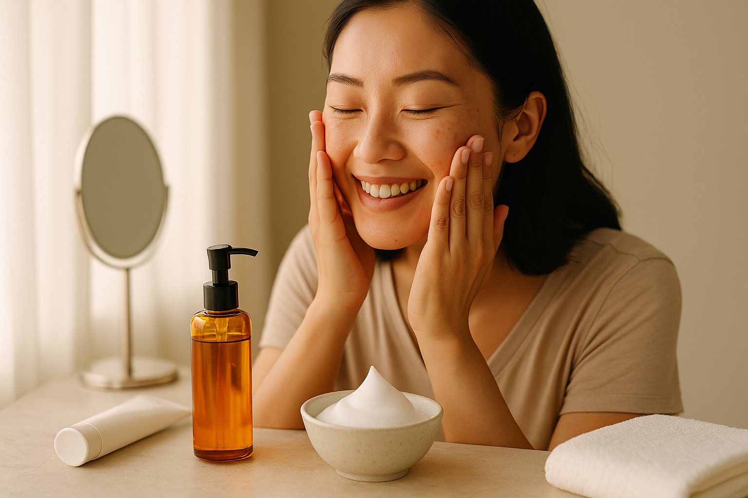Woman gently massaging oil cleanser into dry skin at a vanity, followed by foaming cleanser in a small ceramic bowl