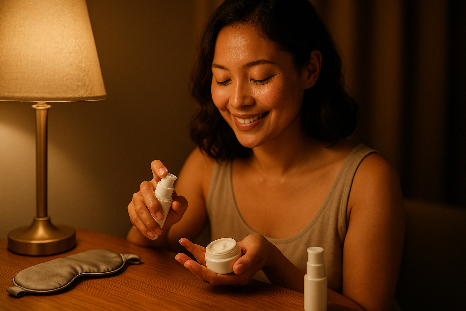 Evening routine scene: a woman layering serum and cream at a bedside table with warm lamp light