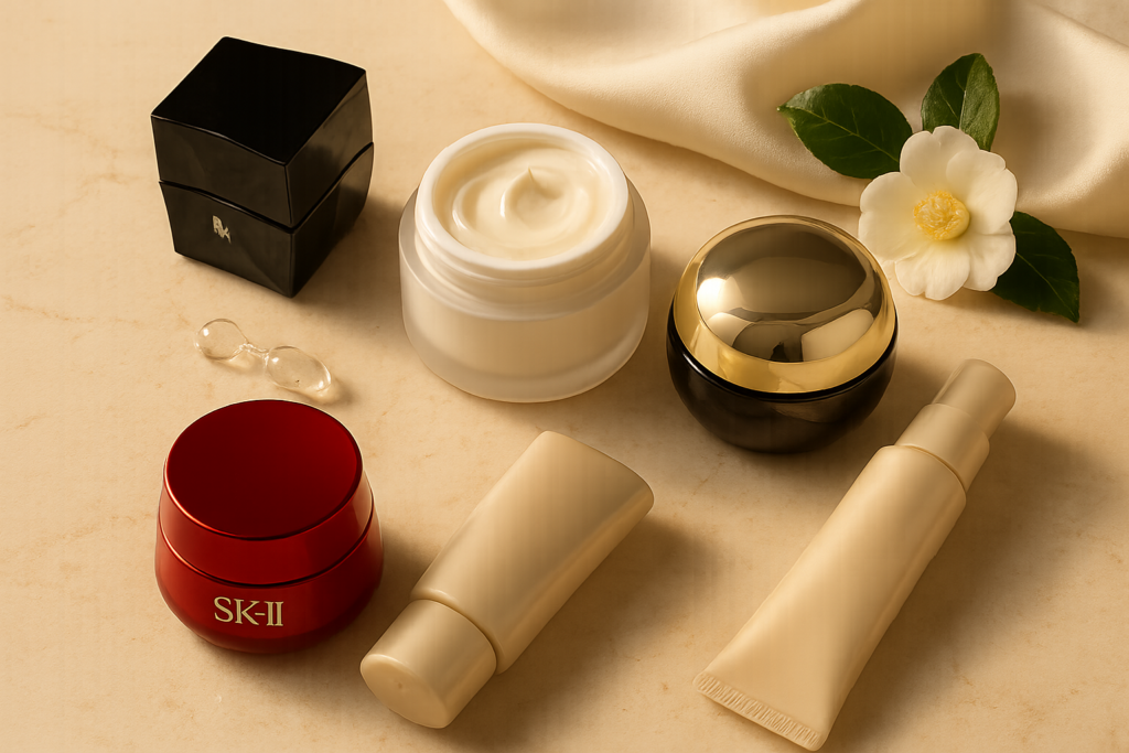 Flat-lay still life of five premium Japanese face creams and creamy textures, evoking deep hydration and firmness for women over 40