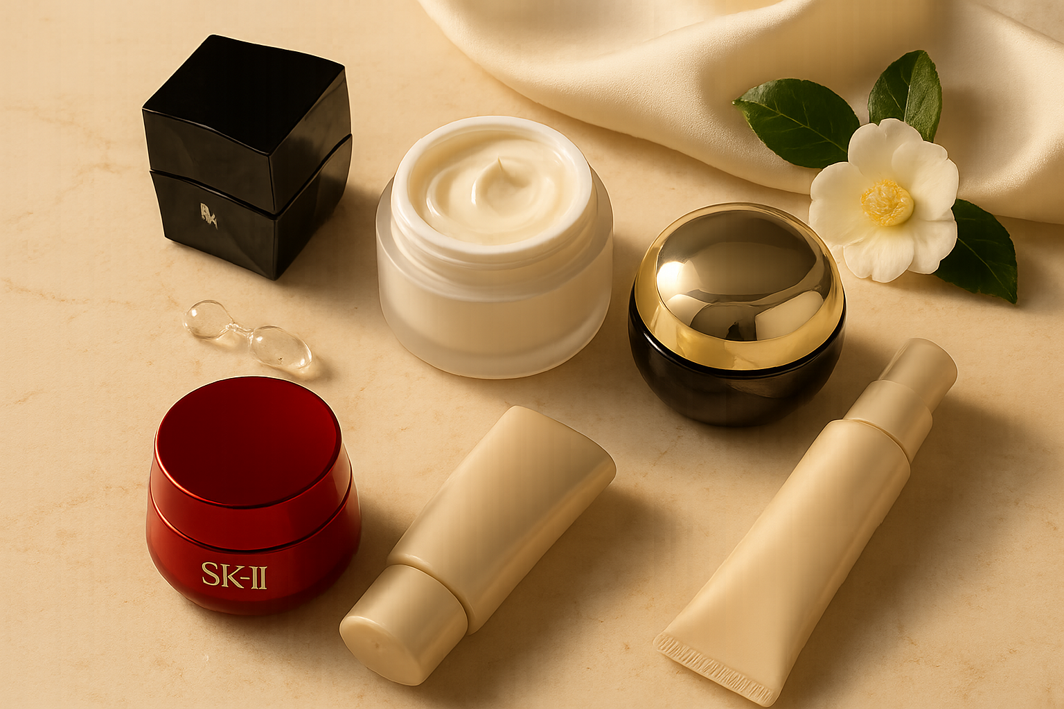 Flat-lay still life of five premium Japanese face creams and creamy textures, evoking deep hydration and firmness for women over 40