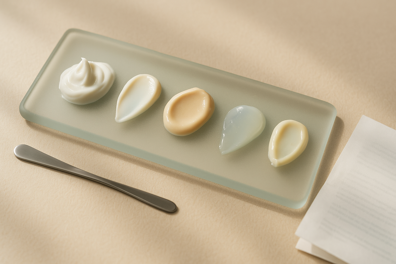 Close-up of the five top pick creams with small swatches showing different textures