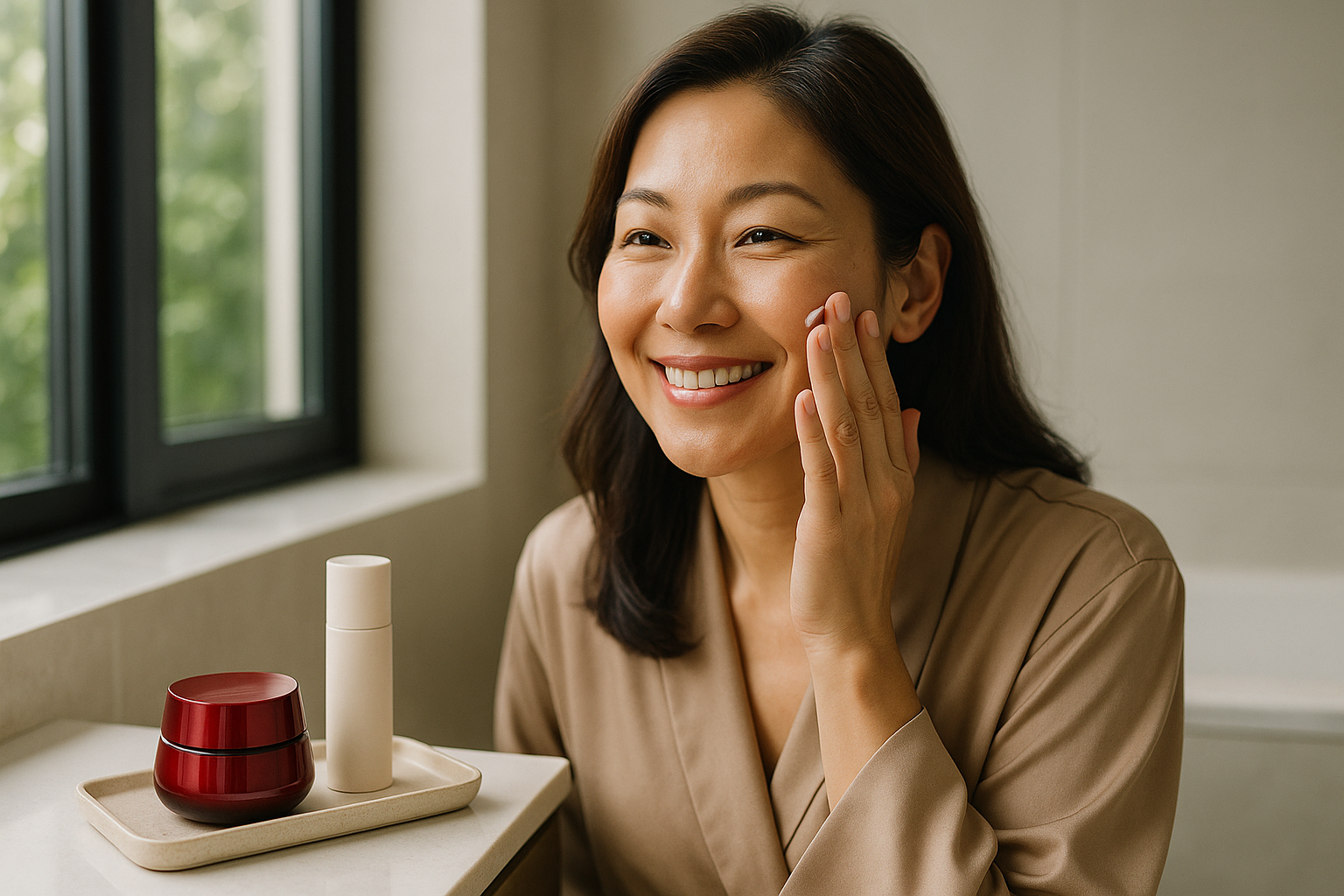 A single woman in her 40s applying cream as part of a morning routine, with a product jar and sunscreen beside her