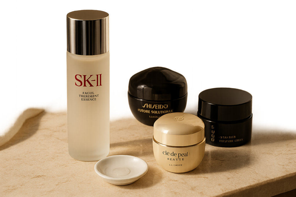 Elegant still life of luxury Japanese skincare for women over 40: essence bottle, two cream jars and a silk cloth