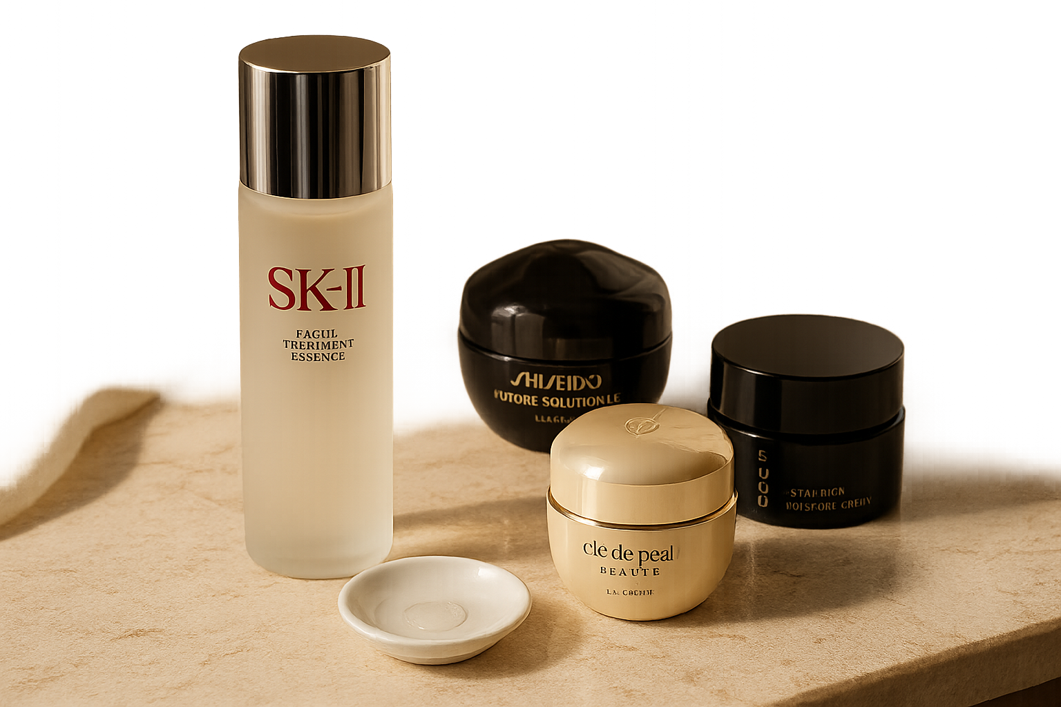 Elegant still life of luxury Japanese skincare for women over 40: essence bottle, two cream jars and a silk cloth