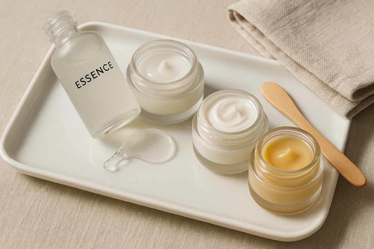 Top picks lineup showing textures: essence droplet and cream swatches on porcelain