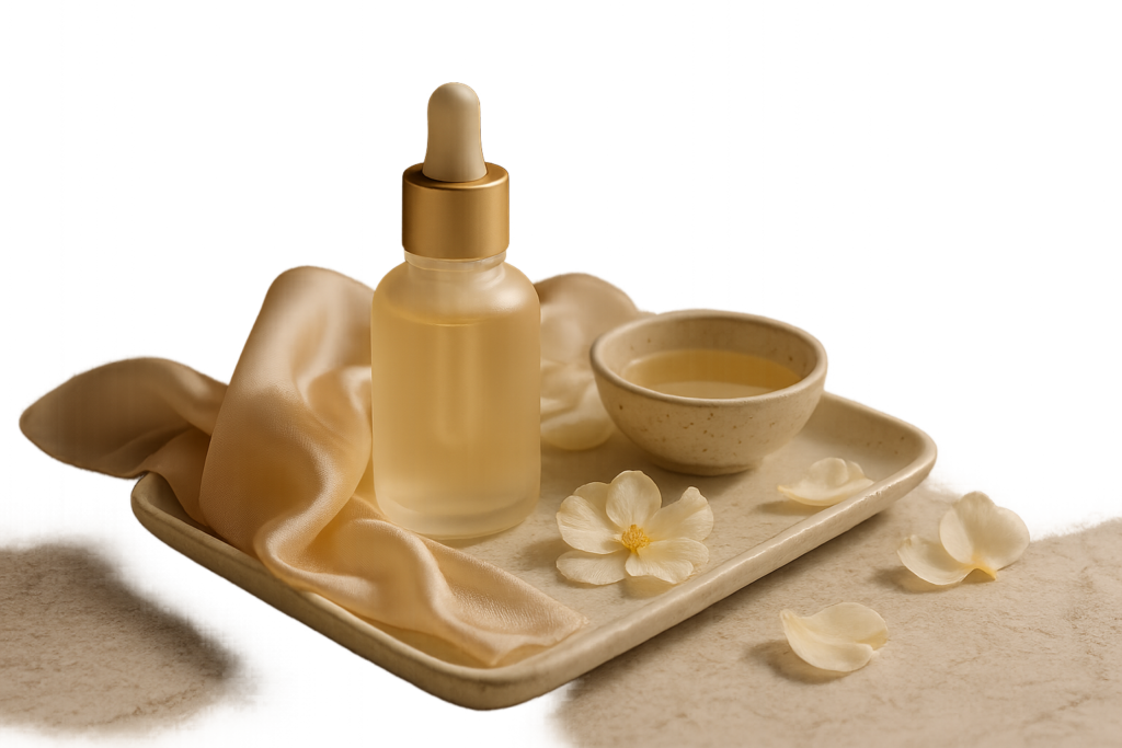 Still-life editorial of a premium Japanese serum on silk with camellia petals, suggesting sensitive-skin luxury for women in their 40s