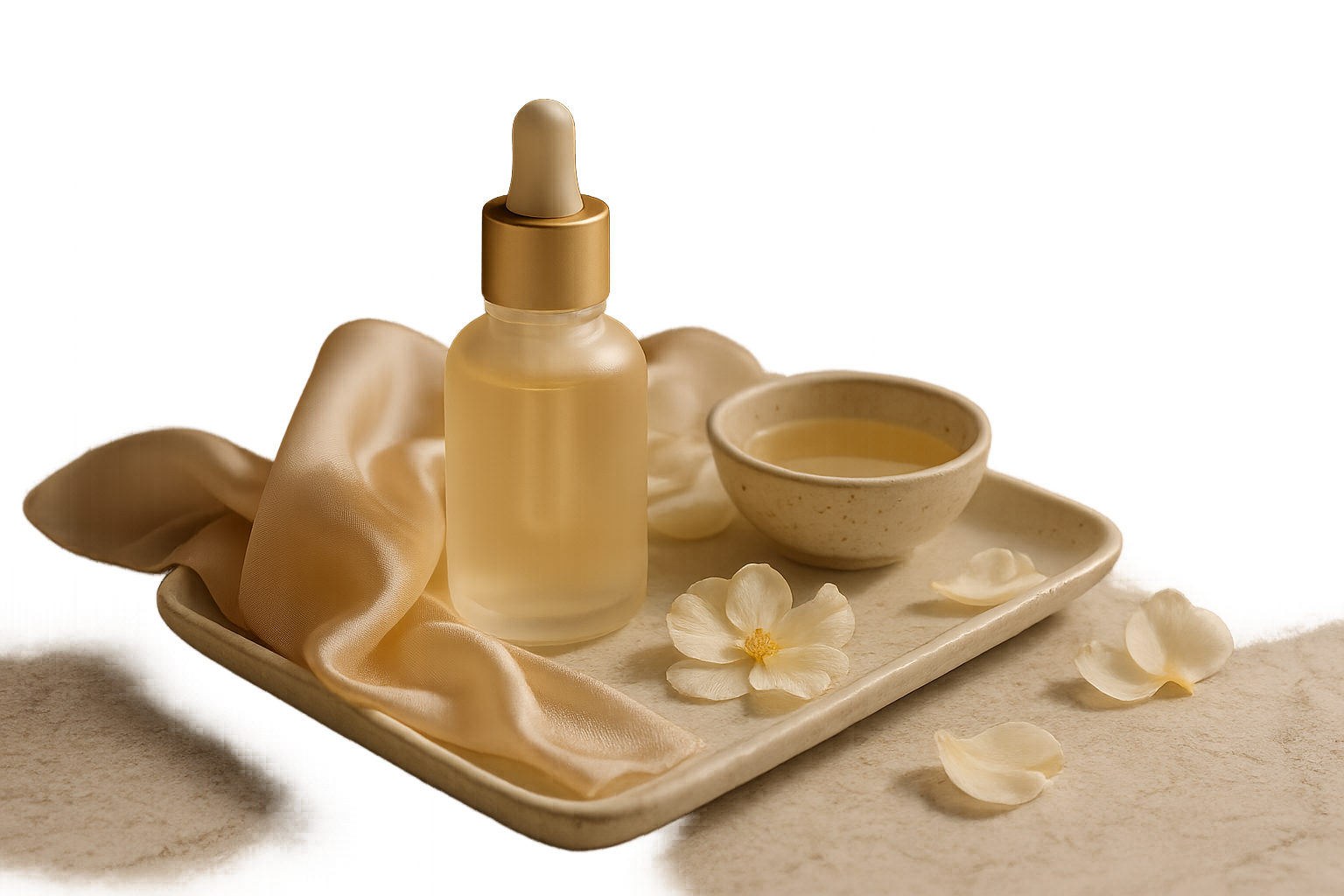Still-life editorial of a premium Japanese serum on silk with camellia petals, suggesting sensitive-skin luxury for women in their 40s