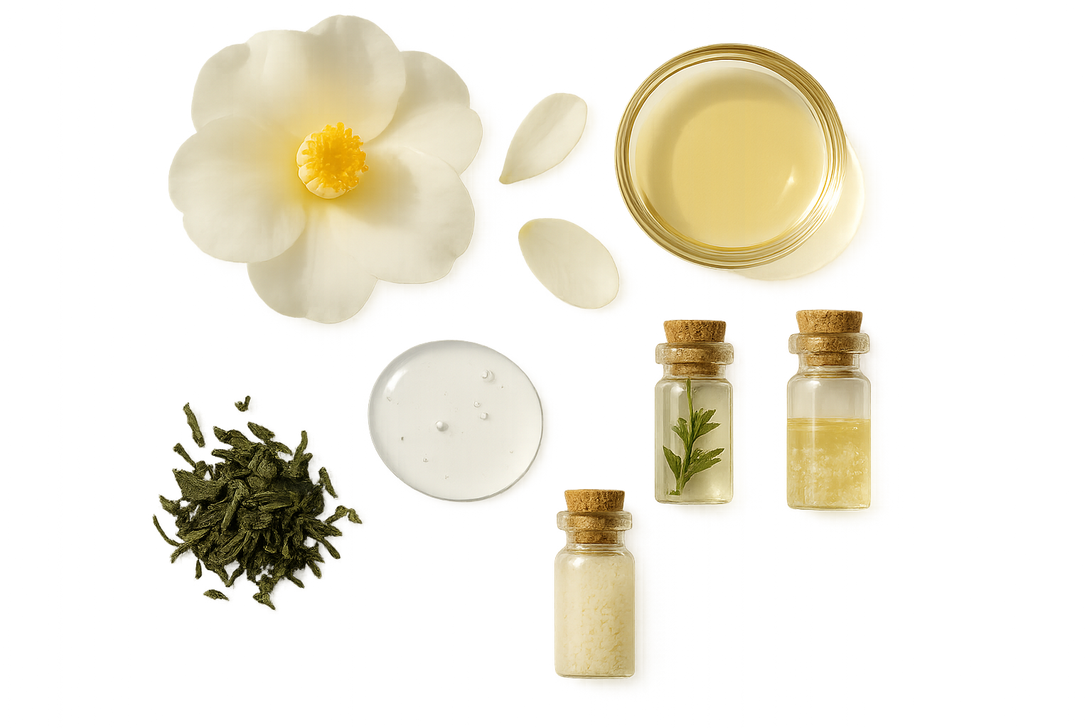 Flat-lay of key gentle ingredients—hyaluronic droplets, camellia petals, green tea leaves and glass vials—illustrating what to seek and avoid