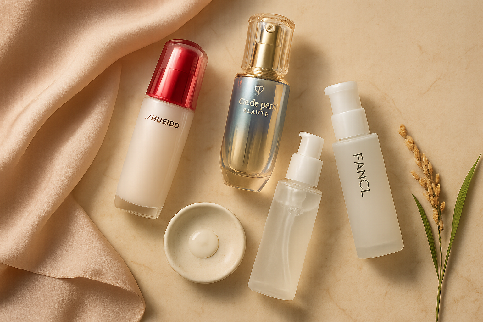 Elegant flat-lay of four luxury Japanese serum bottles plus a small dropper and a soft silk scarf, styled for women in their 40s with sensitive skin