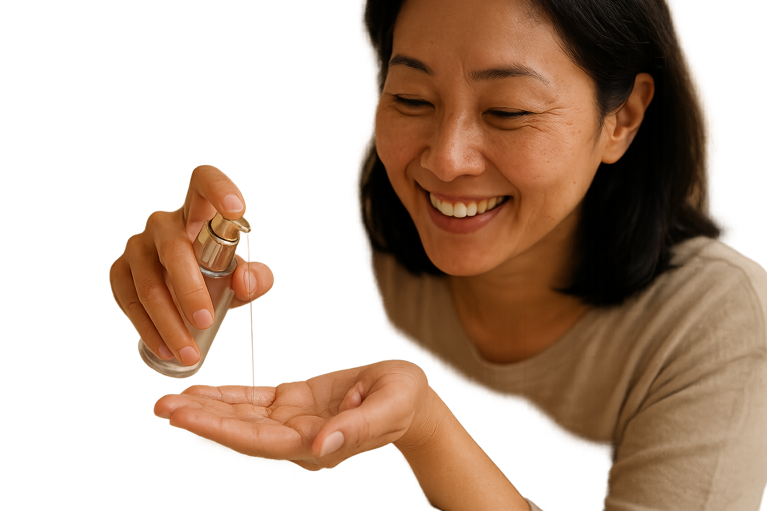 Close-up of a woman's hands dispensing a lightweight gel-serum onto damp skin, showing texture and absorption