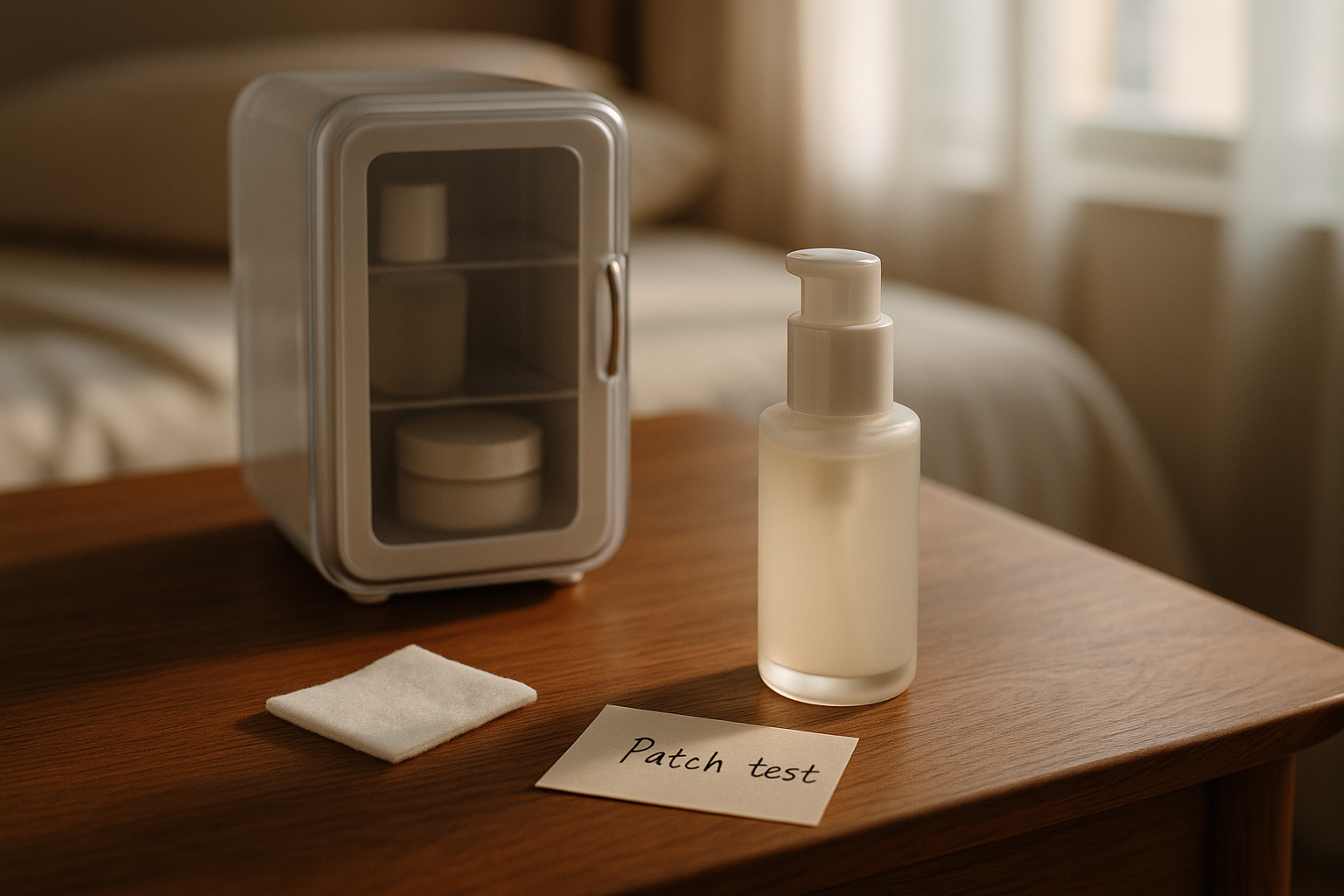 Minimalist bedside scene with a single open pump serum, a small refrigerated box, and a neat note saying 'Patch test'—implying careful storage and testing
