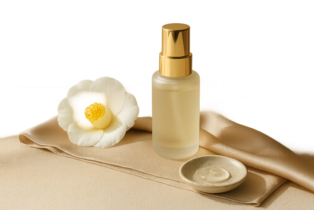 Luxury arrangement of Japanese serum bottle with camellia and silk, conveying calm, targeted skincare for sensitive skin in your 40s