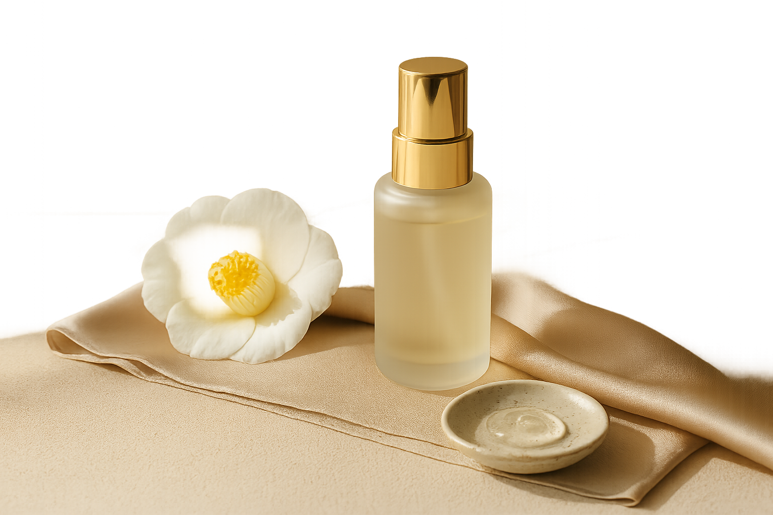 Luxury arrangement of Japanese serum bottle with camellia and silk, conveying calm, targeted skincare for sensitive skin in your 40s