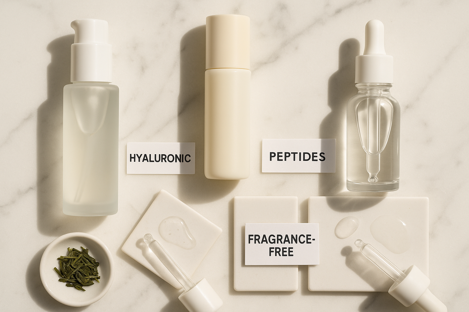 Flat-lay of multiple Japanese serum bottles, ingredient cards and small glass droppers illustrating how to choose by texture and actives