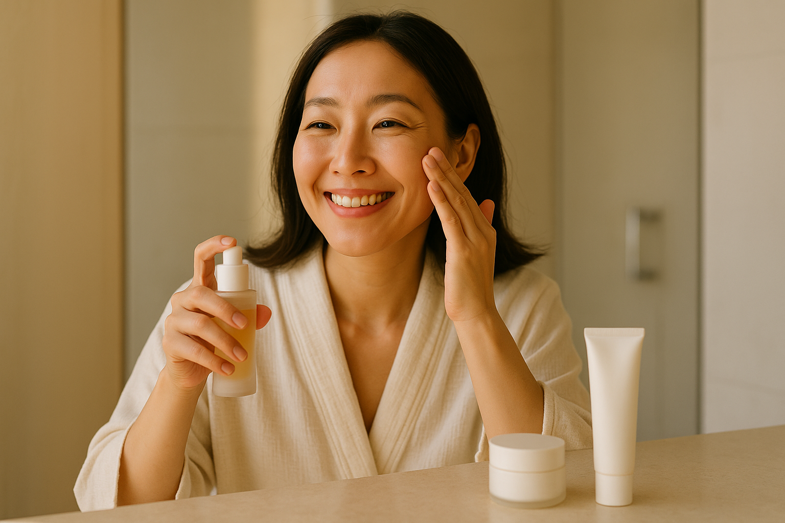 Woman in her 40s applying serum in a serene morning routine, showing how to layer serum, moisturizer and sunscreen
