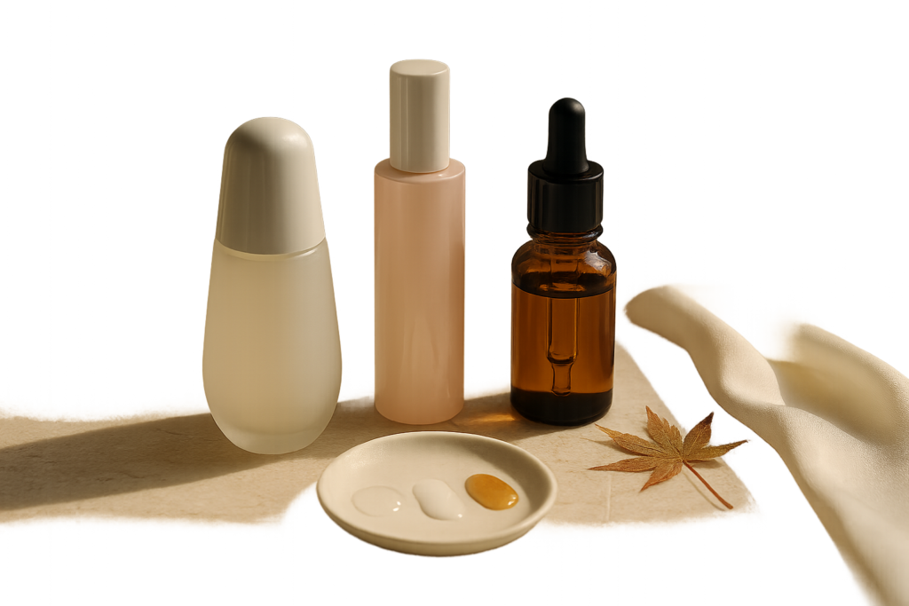 Elegant still life of premium Japanese serums arranged on a marble vanity with soft morning light, evoking brightening skincare