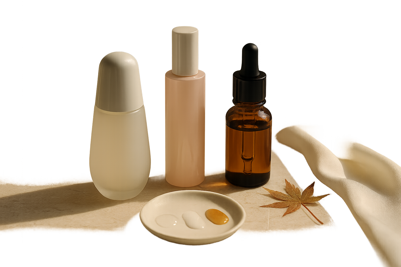 Elegant still life of premium Japanese serums arranged on a marble vanity with soft morning light, evoking brightening skincare