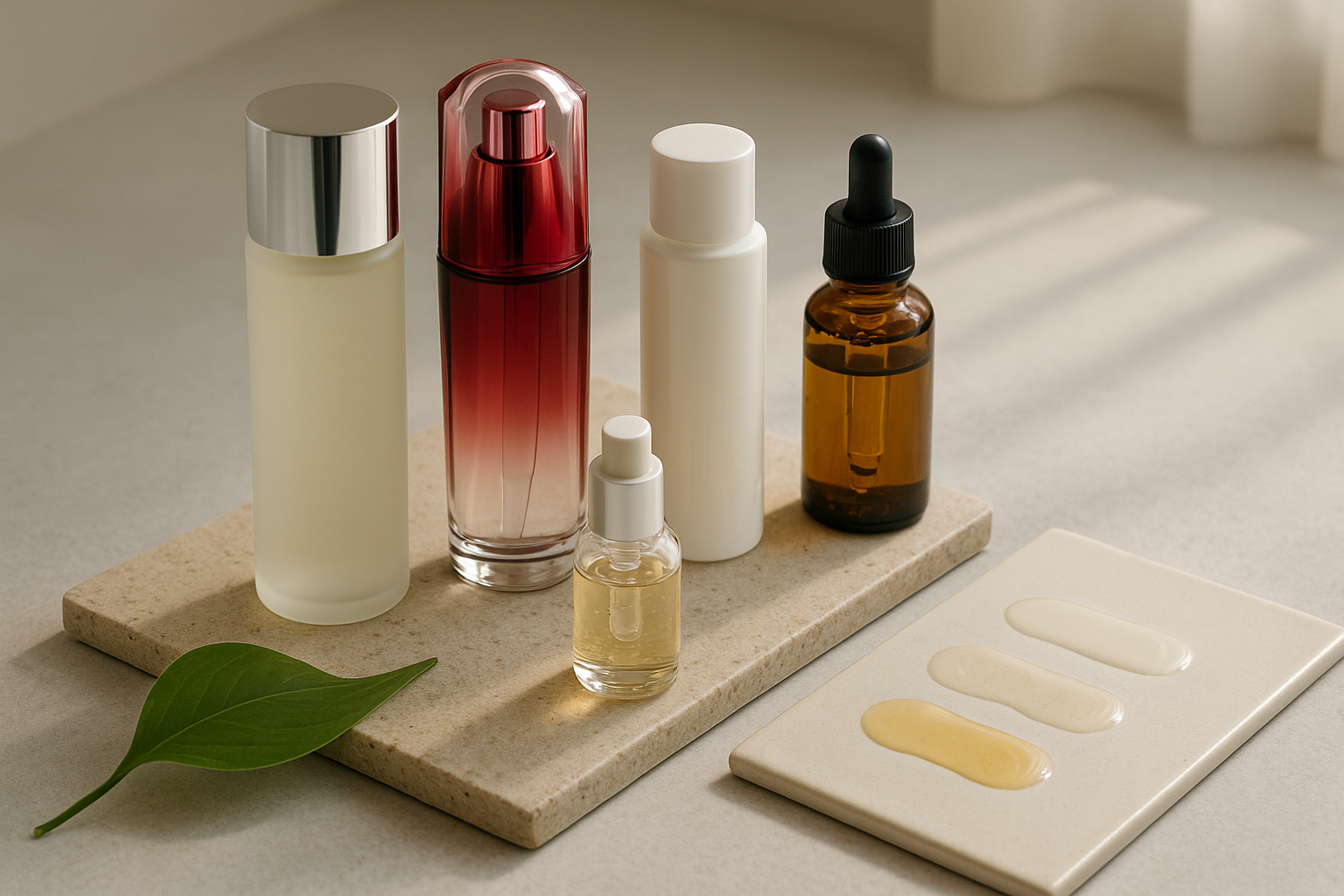 Five Japanese serum bottles on a stone tray with dropper and texture swatches to illustrate the top picks comparison