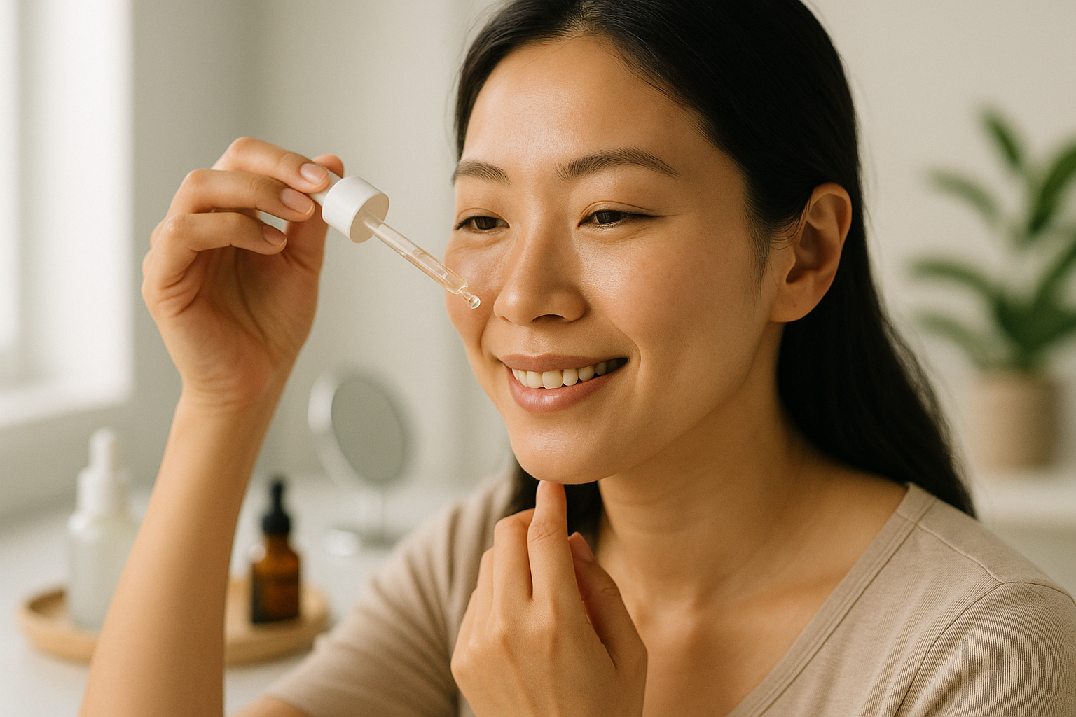 Woman applying serum with a dropper at a sunlit vanity, demonstrating layering and routine tips